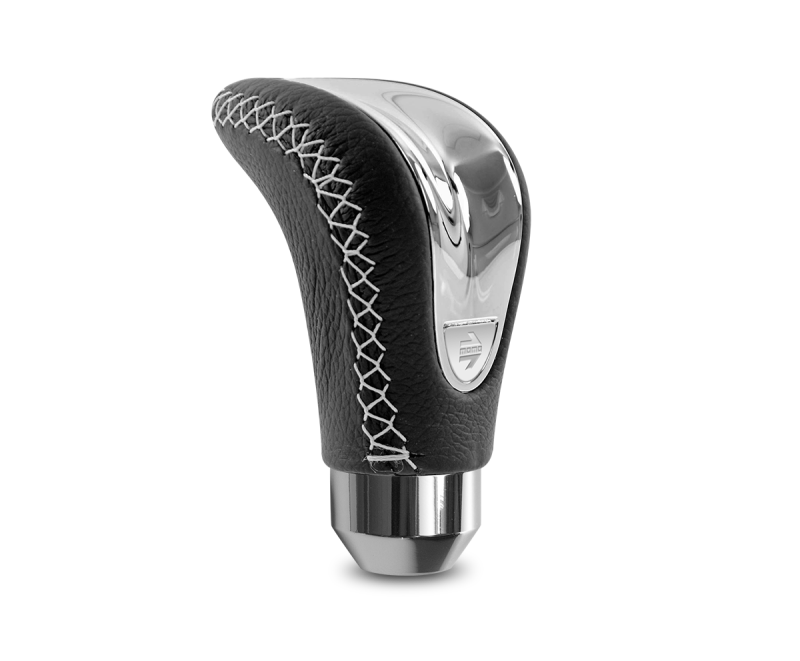 Momo Combat Evo Shift Knob - Black Leather, Chrome Insert, Silver Stitching